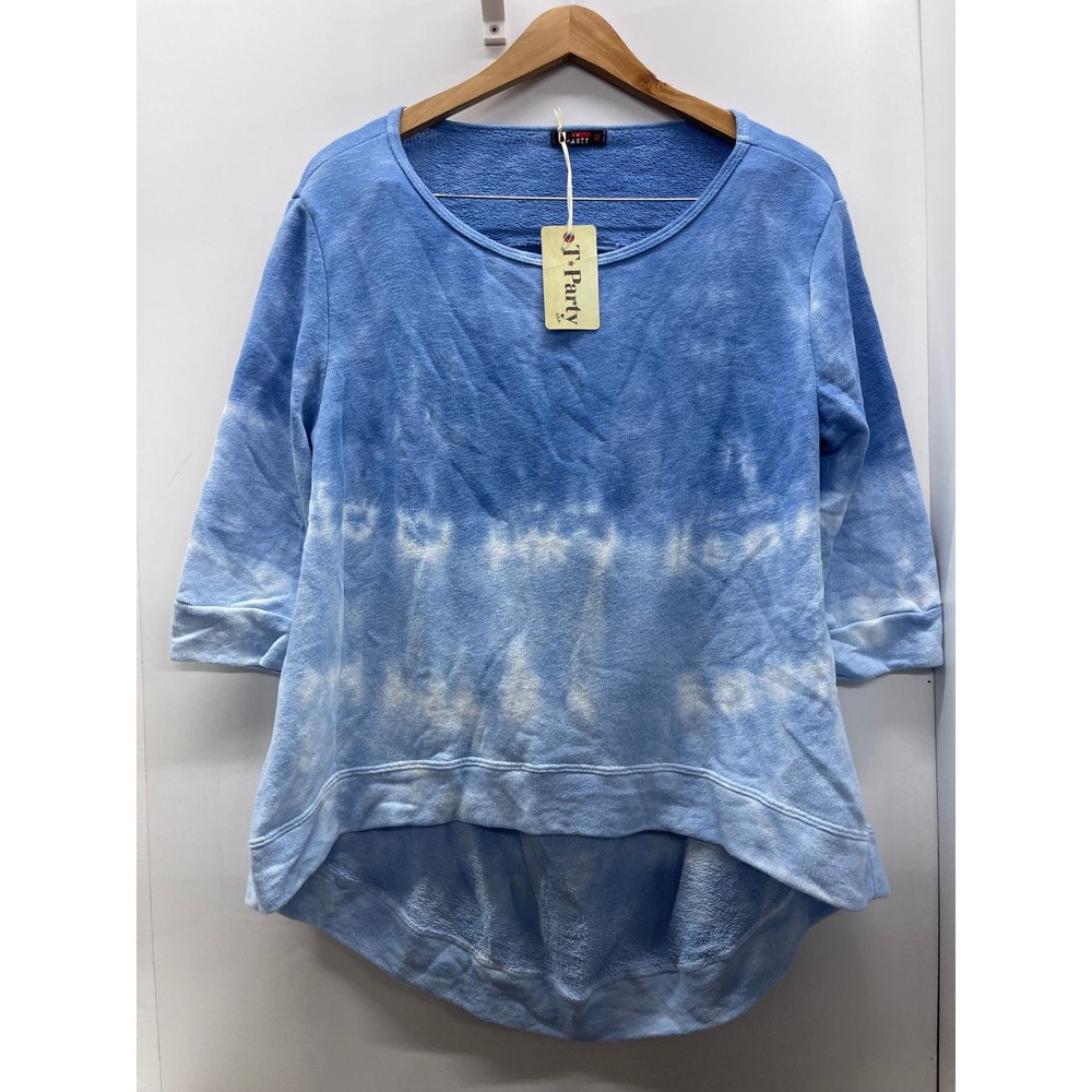 T-Party Blue Tie Dye Open Back Cowl Sweatshirt 3/4 Sleeve High Low Small NWT